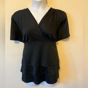 CJ BANKS Black surplice top with ruffled tiers
